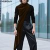 INCERUN Autumn Men High Neck Long Sleeve Fake Two-piece Irregular Velvet Patchwork Casual Tops T-shirts