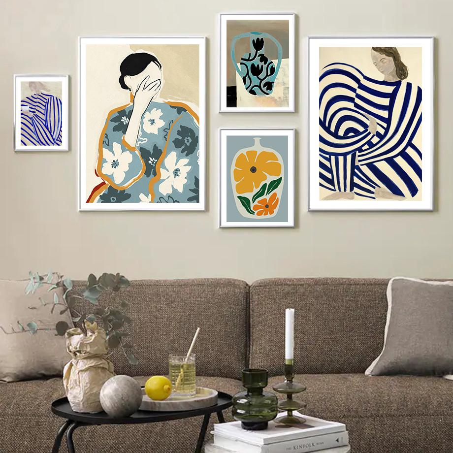 Modern Line Curve Girl Vase Flower Abstract Vintage Posters Prints Wall Art Retro Canvas Painting Pictures For Living Room Decor