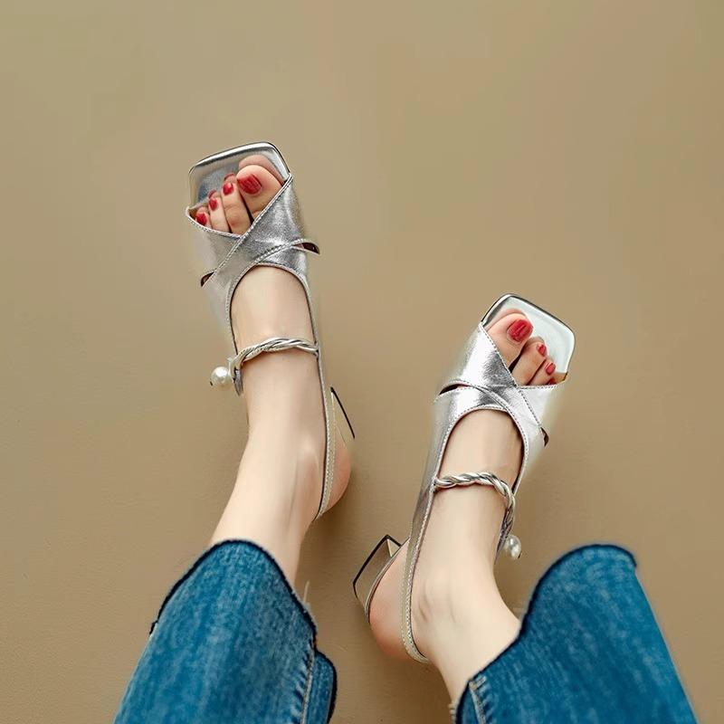Fashion 2025 A Line with Open Toe Thick Heel Sandals Summer New Square Head Cross with Pearl Ancient Fish Mouth Heel Shoes