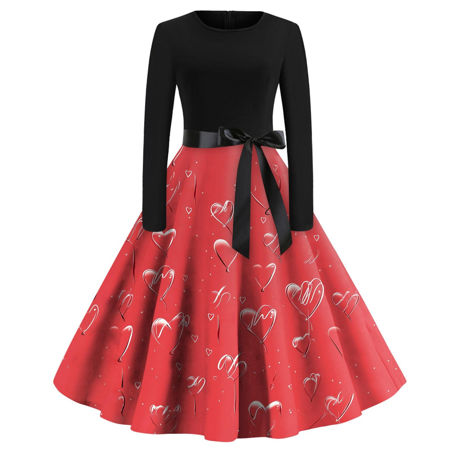 

Women s Printed Round Neck Big Hem Skirt Pleated Skirt Long Sleeved Dress Dress XL