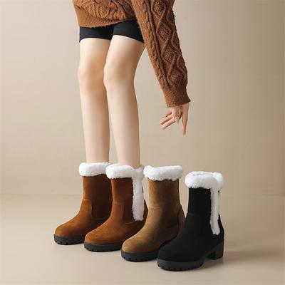 Women Ankle Boots Round Toe Thick Mid Heels Platform Snow Boots Concise Short Boots Ladies Fashion Shoes Winter Khaki 43