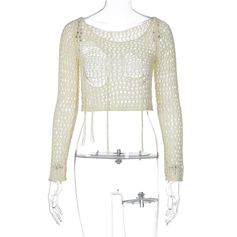 European and American Style Women's Knit Cover Up with Hole Design Sexy Spicy Girl Style Short Long Sleeve Top