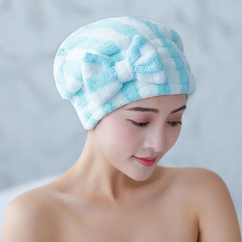 Coral Fleece Cationic Bow Dry Hair Cap, Microfiber Absorption and Quick-drying Striped Shower Cap