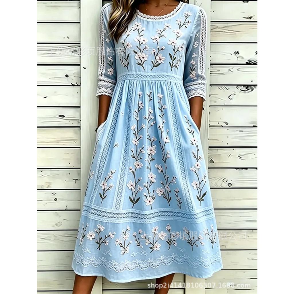Women's Crew Neck Long Sleeve Loose Fit A-Line Midi Dress Casual 3D Floral Print