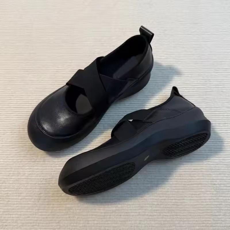 Módní Retro Tenisky s Tlustou Podrážkou Křížené Elastické Pásky Mary Jane Mělké Malé Kožené Boty Kulatá Špička Baleríny pro Ženy