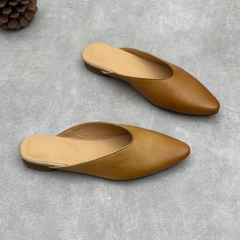 Johnature Pointed Toe Genuine Leather Women's Slippers Casual And Versatile Soft Cowhide Outdoor Slip-on Shoes