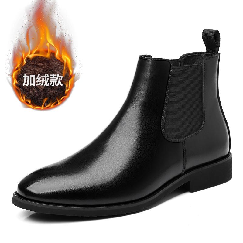 Men Chelsea Boots British Style Business Leather Boot Fashion Casual High Top Boots Men's Winter Plush Warm Business Dress Boots