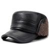 Vintage PU Leather Baseball Cap Men Flat Top Military Hat Winter Outdoor Warm Ear Protection Cap