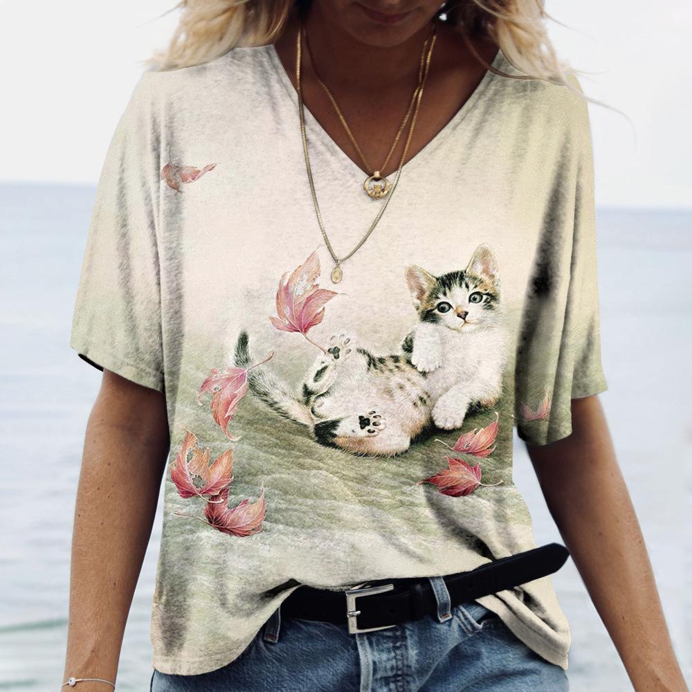 2025 Summer New 3D Cat Print Tee Loose Retro Women's V-neck Short Sleeved Street Style T-shirt Casual Top