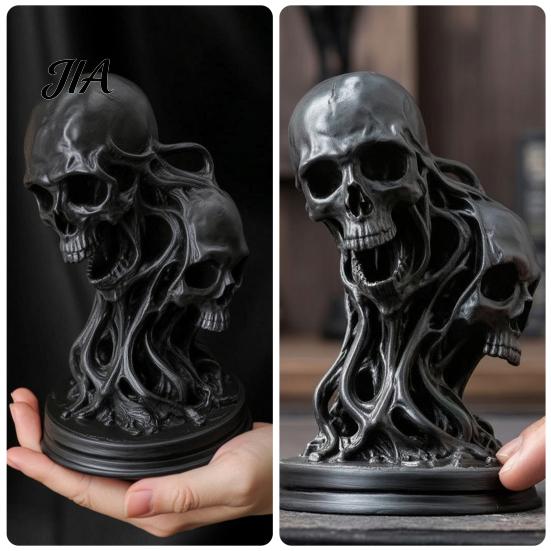 Unique Resin Desktop Decor 3D Printed Double Skull Ornament, Twisted Skeleton Figurine, Gothic Style Home Accents Statue for Halloween Bar &