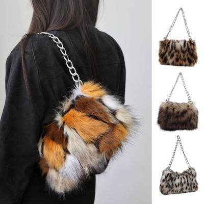 Leopard Print Fluffy Tote Ladies Faux Fur Shoulder Bag Furry Purse Fuzzy Handbag with Metal Chain Strap for Date Winter Daily Commute Party