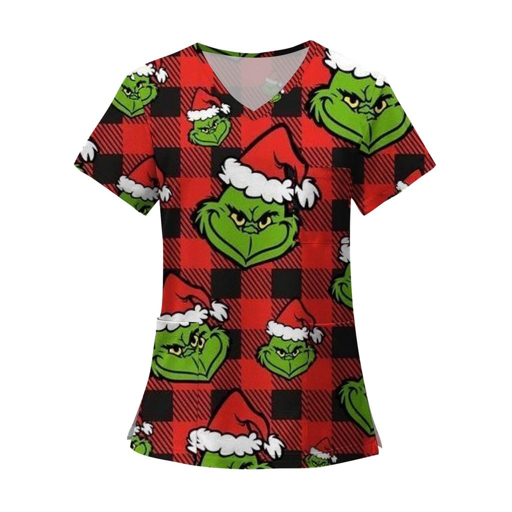 Women's Fashion Printed Short Sleeve V Neck Pattern Tops Pocket Working T-shirts