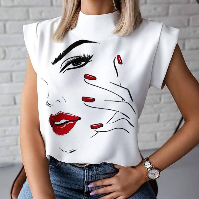 

Simple Lip Pattern Stand Collar Shirt with Minimalist Lips Pattern Style 7 S