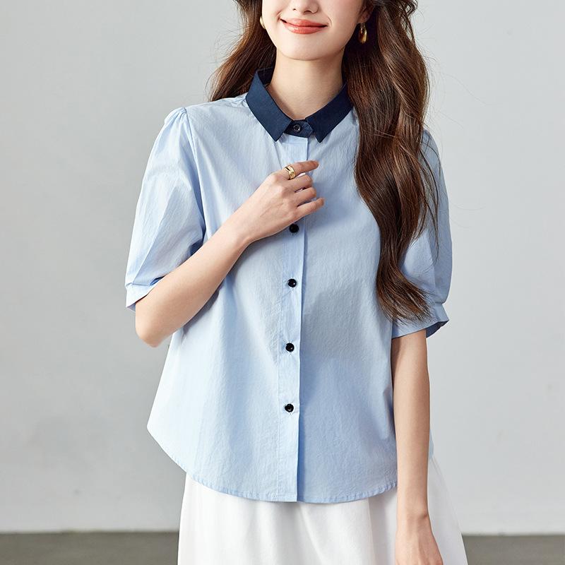 Blue Small Square Collar Shirt for Women Short-sleeved Summer New Casual Top Pure Cotton Women's Shirt