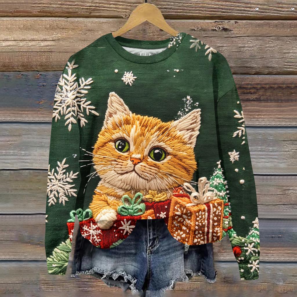 Ladies' Christmas Printed Casual Long Sleeved Round Neck Sports Hoodie Top