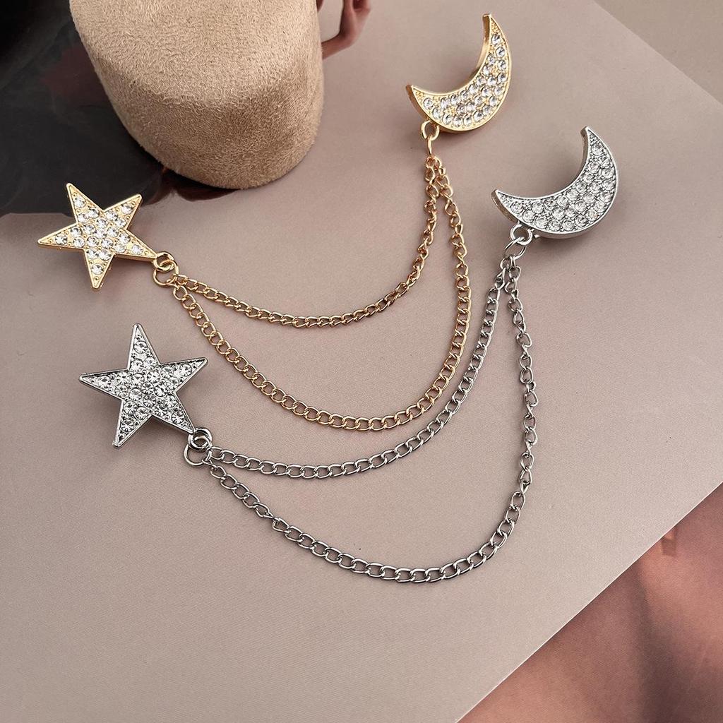 Trendy Rhinestone Moon & Pentagram Brooch for Suits