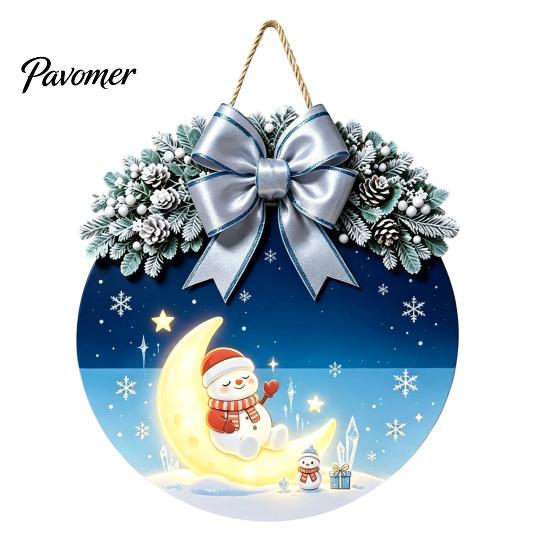 Indoor Outdoor Porch Ornament Christmas Wooden Welcome Sign for Front Door, Round Hanging with Handmade Craft Artificial Pine Branches & Bow