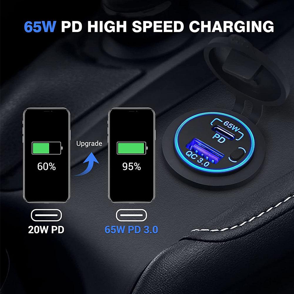 65 W PD-Autoladegerät, 12 V, 24 V, USB-Steckdose, Laptop, Motorrad, USB-C, PD, QC 3.0, USB-Anschluss, wasserdicht, mit Netzschalter für Wohnmobil