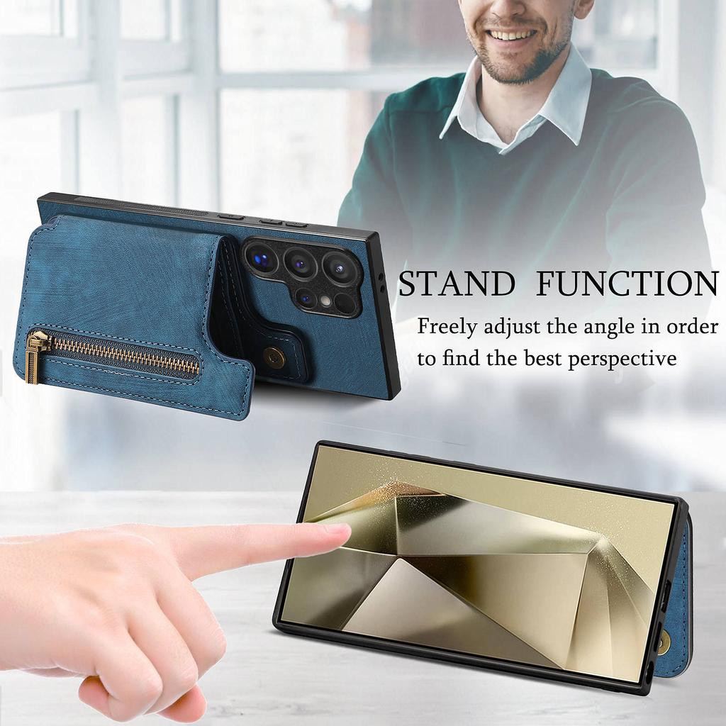 D15 For Samsung Galaxy S24 Ultra Case Card Slot Leather+TPU Zipper Kickstand Retro Phone Cover