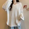 Spring Autumn V-neck Solid Color Long Sleeve T-shirt Women Loose Casual Simple All-match Pullover Tee Top