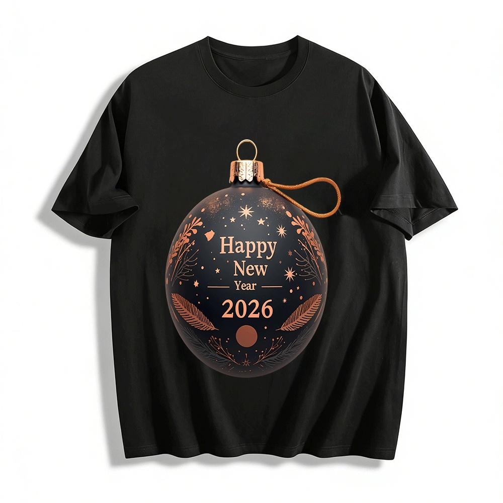 Happy New Year 2026 Black Gold Luxury Print Casual Top Pure cotton T-shirt XXS