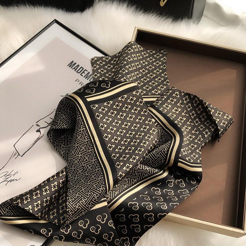 Black Silk Silk Scarf Versatile Spring and Autumn Style Foreign Fashion Small Long Female 111 Mulberry Silk Small Scarf with Skirt