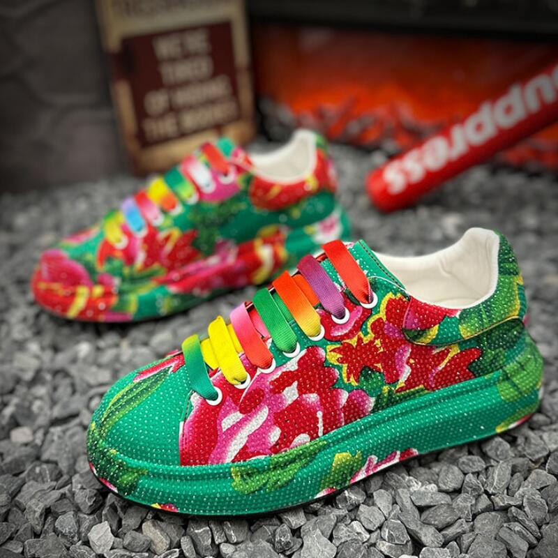 Luksusowe buty na platformie z kryształkami męskie buty sceniczne sieciowe czerwone buty z nadrukiem kolorowa podeszwa buty typu 'daddy shoes'