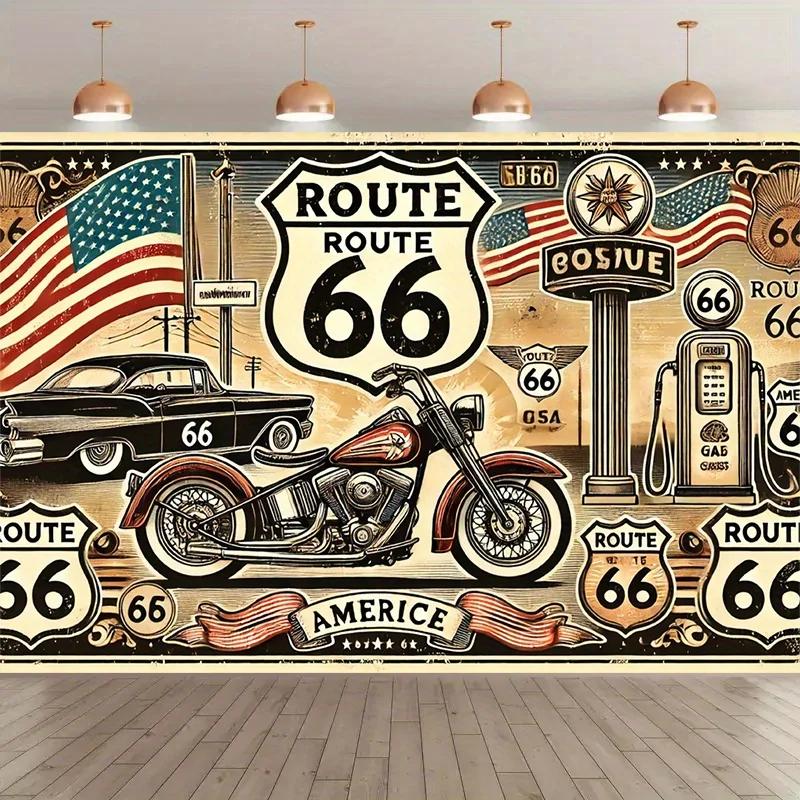 1pc Retro Route 66 Motorcycle Polyester Background Fabric - Retro American design, suitable for party decoration