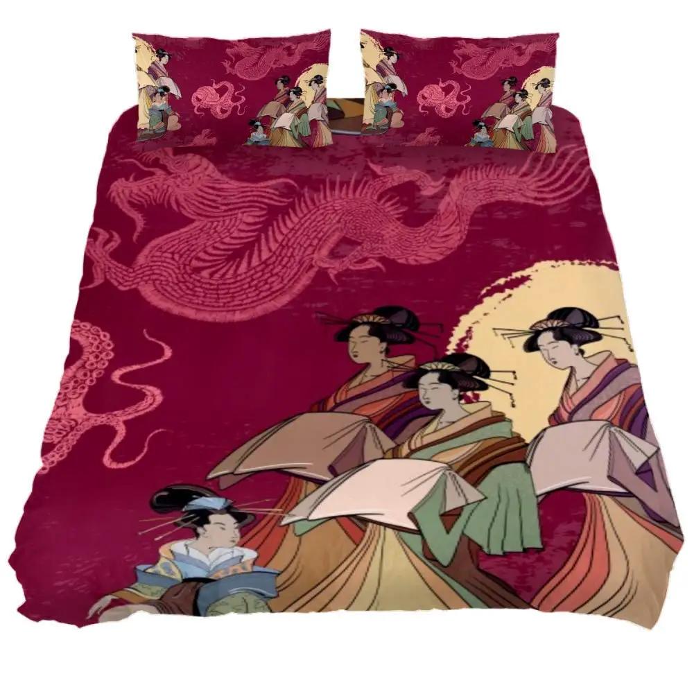 Koi Fish Duvet Cover Geisha Feeding Beast Autumn Time Culture Vibes Bedroom Decorative Japanese Style For Women Friends Gifts