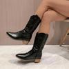 Gold Mid-calf Boots Woman Side Zipper Silver Pointed Western Cowboy Boots Retro Fashion Black Boot Plus Size 36-43 Women Shoes
