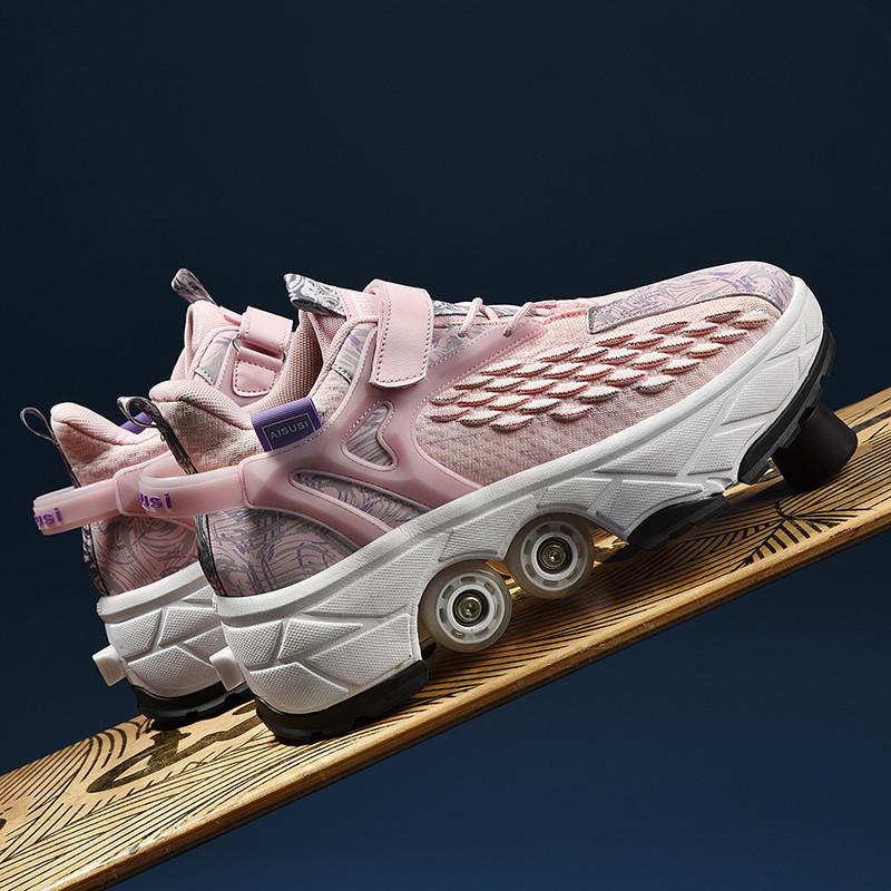 Boty měnící tvar 3 až 6 let staré Měnící tvar kolečkové brusle se čtyřmi kolečky Umí chodit i bruslit Brusle internetové celebrity Dívky