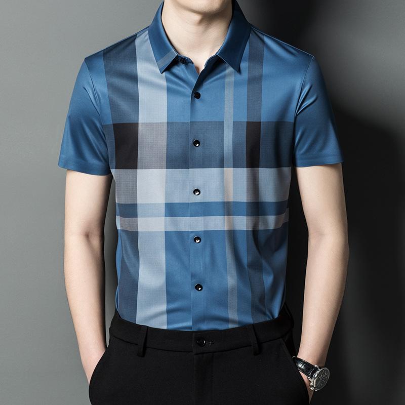 Summer New Short Sleeve Men's Shirt Middle-Aged Leisure Business Trends Fashion Check Thin Cardigan 1