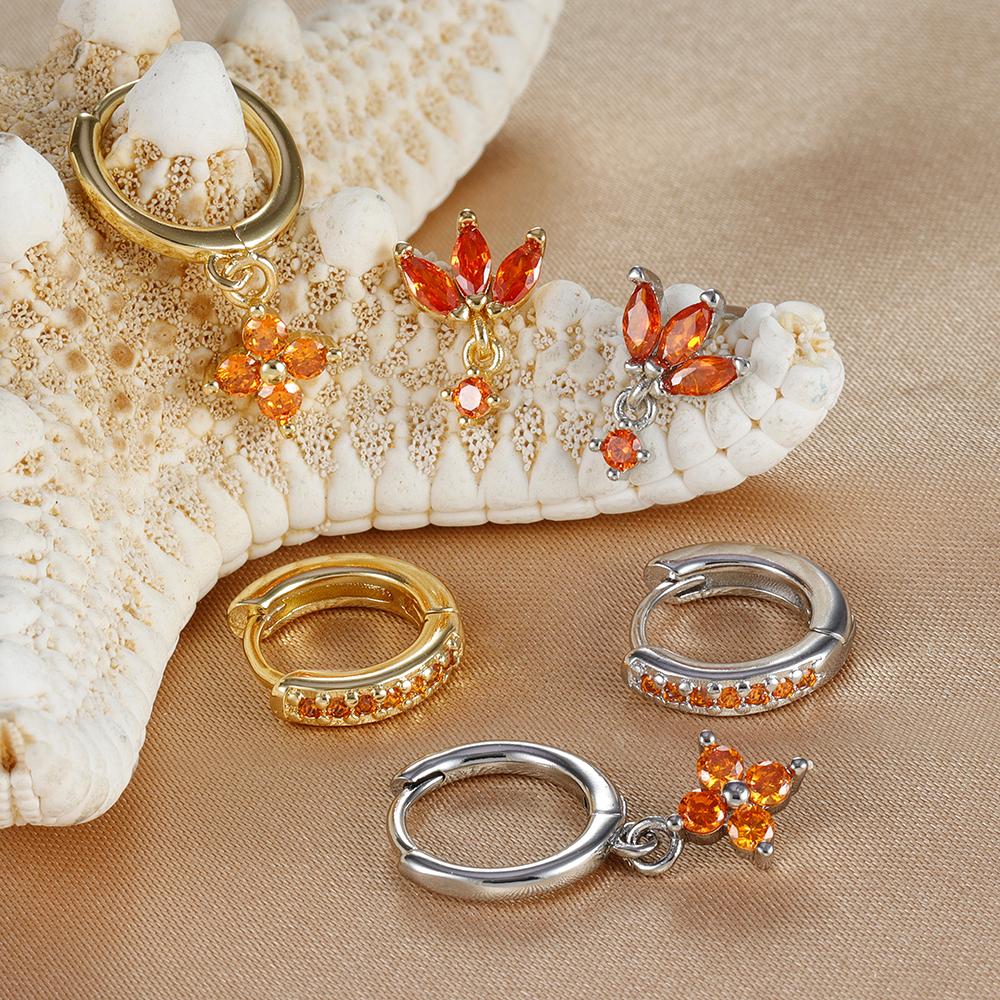 3-teiliges Modisches Orange Blau Zirkon Hängende Ohrringe Set für Damen Edelstahl Blume Dangle Ohrring Piercing Schmuck