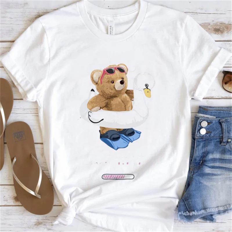 Cute Bear Print Shirts White Fashion Women T-Shirts Harajuku Kawaii Clothes Short Sleeve Summer Tees Casual Female Tops O-Neck