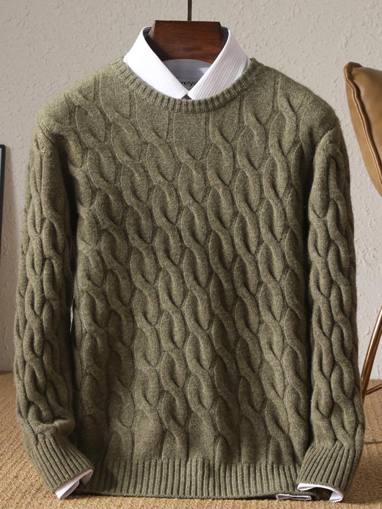 Men's Heavyweight 100% Wool Cable Knit Pullover Sweater