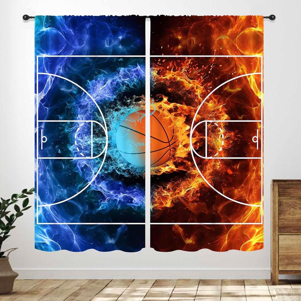 Basketball Curtains Teens Ball Sports Blue Red Flame Match Game Teen Boys Kids Bedroom Living Room Playroom Nursery Curtain For Sitting Polyester