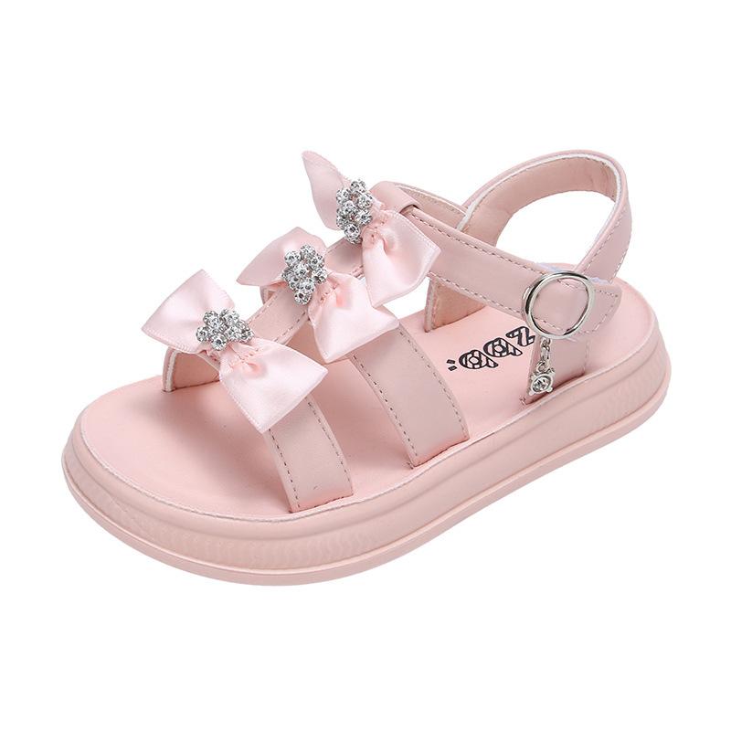 

Сандалии для девочек со сладкими бантиками, мягкая подошва, детская пляжная обувь, универсальные, лето 2025, новые детские туфли принцессы, повседневные, нескользящие, милые 26 розовый