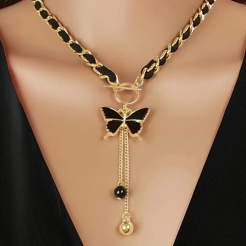 

Elegant And Trendy Black Butterfly Shaped Pendant Necklace for Women s Daily Wear Tassel Accessories чёрный