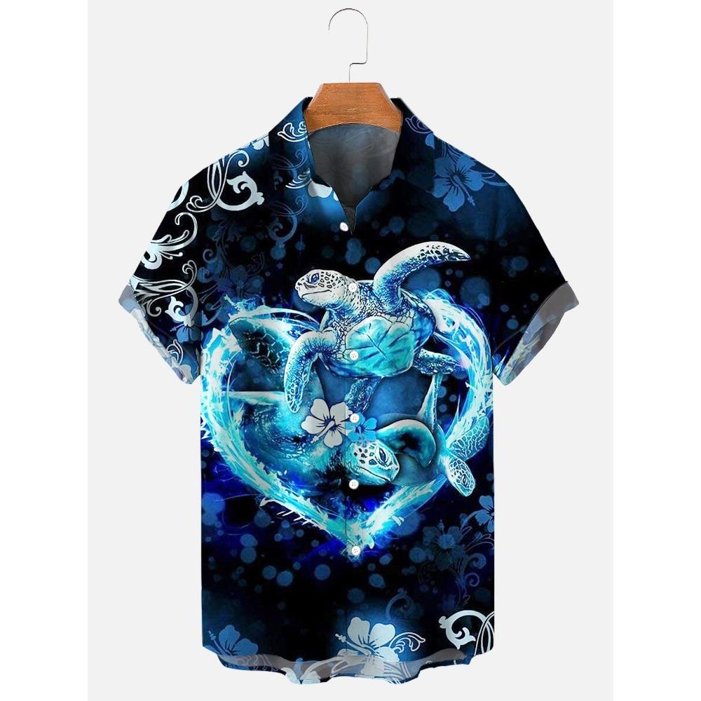 Modische Sommerhemden mit Schildkrötenprint Hawaiianische Knöpfe Herren Strand Kurzarm Lässig Revers