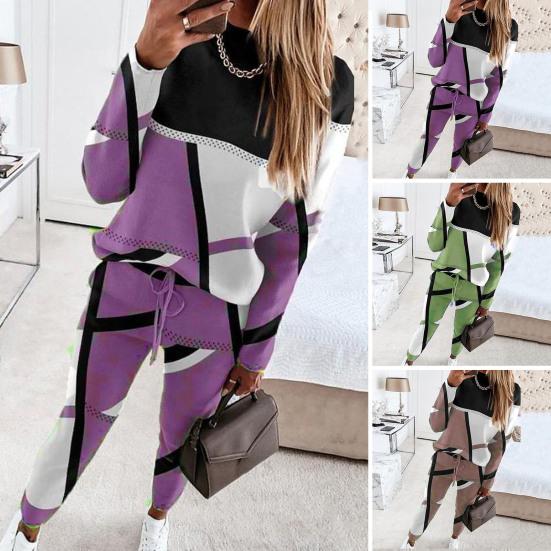 

2 шт./компл. женский костюм, толстовка, брюки, комплект цветов, геометрический принт, круглый вырез, длинный рукав