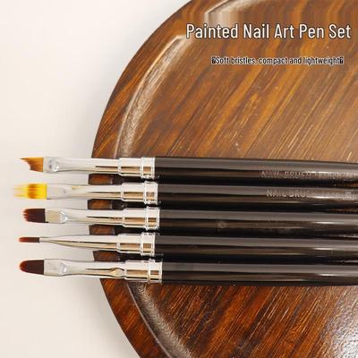 Nail Art Brush Set - 5-Piece with Brown Handles, Copper Tubes, and Nylon Bristles for Blending, Lining, and Gel Polish Painting.