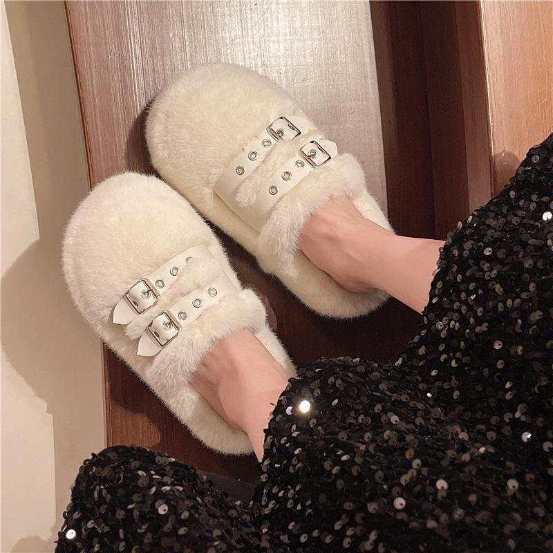 

Баотоу Мао Мао тапочки женские для улицы 2025 новые осень и зима нишевая мода пряжка на ремне утолщенные хлопковые мопы 40