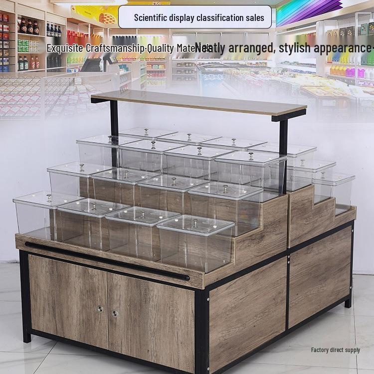 Supermarket Multi-Layer Detachable Display Rack for Bulk Dried Fruits, Grains, Candy, and Biscuits.