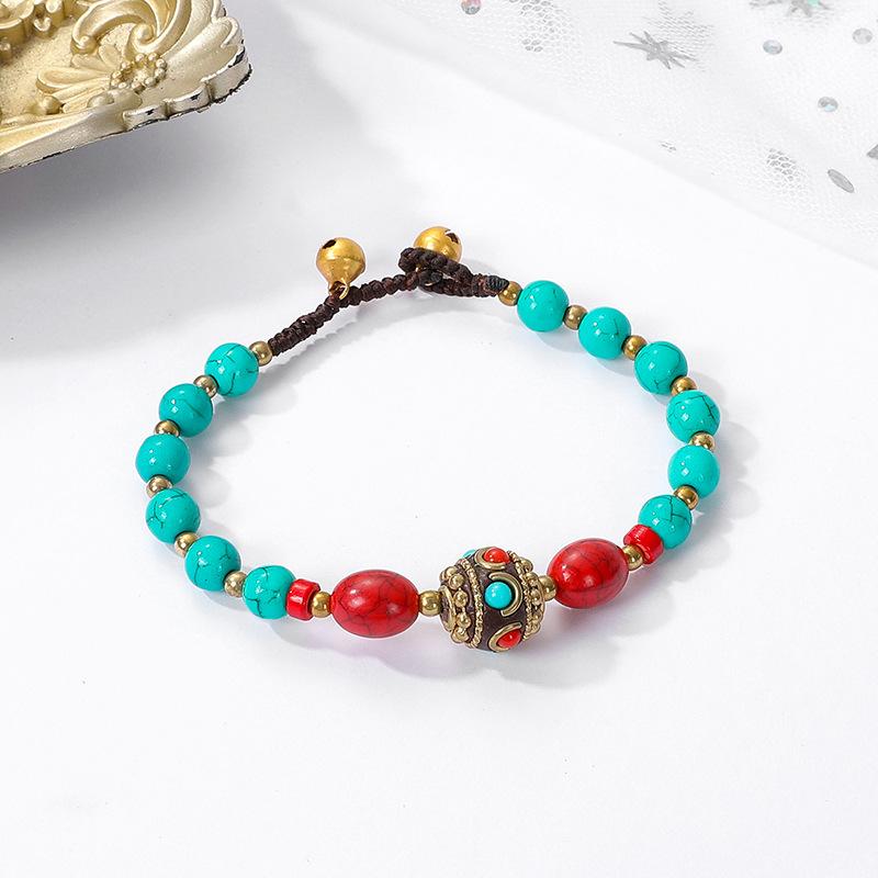 Ethnic Style Hand-woven Retro Color Beaded Bracelet Tibetan Pure Copper Bracelet Bell Antique Hand Rope Women's Jewelry