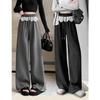 Women's High-Waist Black Polka Dot Lace Trim Wide-Leg Sporty Pants for Spring