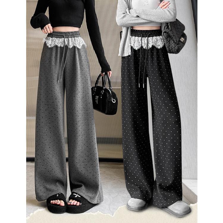 Women's High-Waist Black Polka Dot Lace Trim Wide-Leg Sporty Pants for Spring