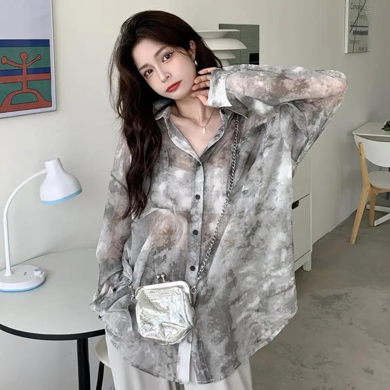 Women's Summer Breathable Loose-Fit Sun Protection Vintage Tie-Dye Shirt Elegant Slim-Fit Casual Korean-Style Minimalist Top