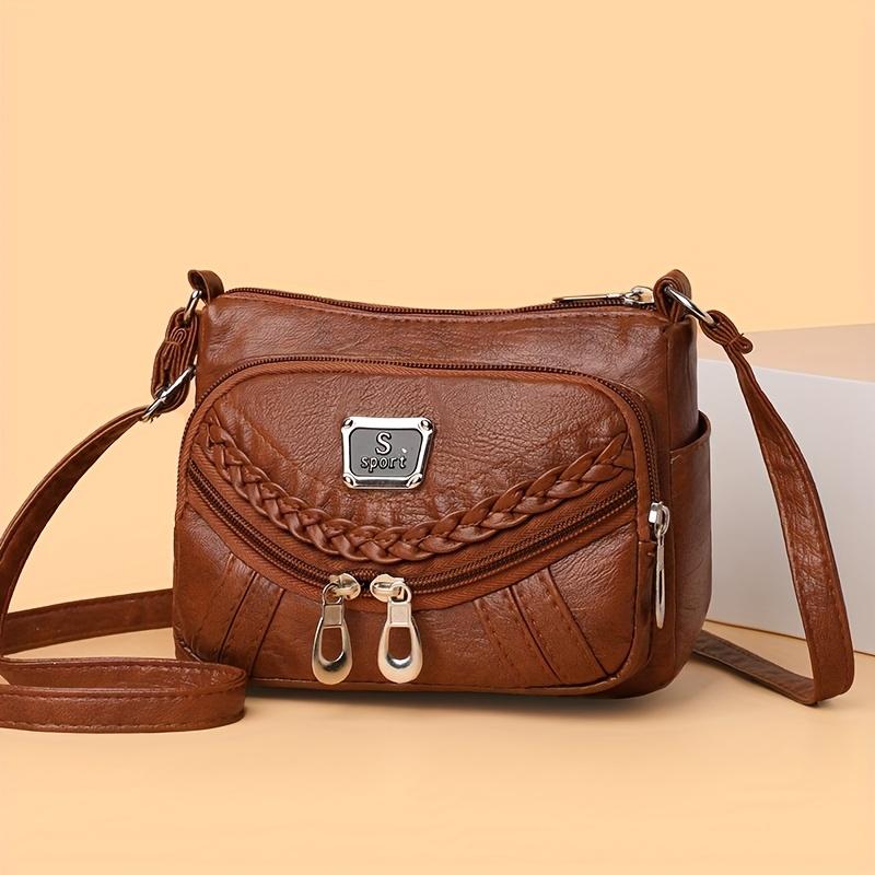 Solid Color Synthetic Leather Crossbody Bags for Women Adjustable Strap Multiple Zipper Braided Lightweight for Daily Use Travel Purse Casual Bag