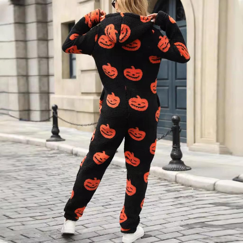 Women's Halloween Print Zipper Loose Plush Jumpsuit