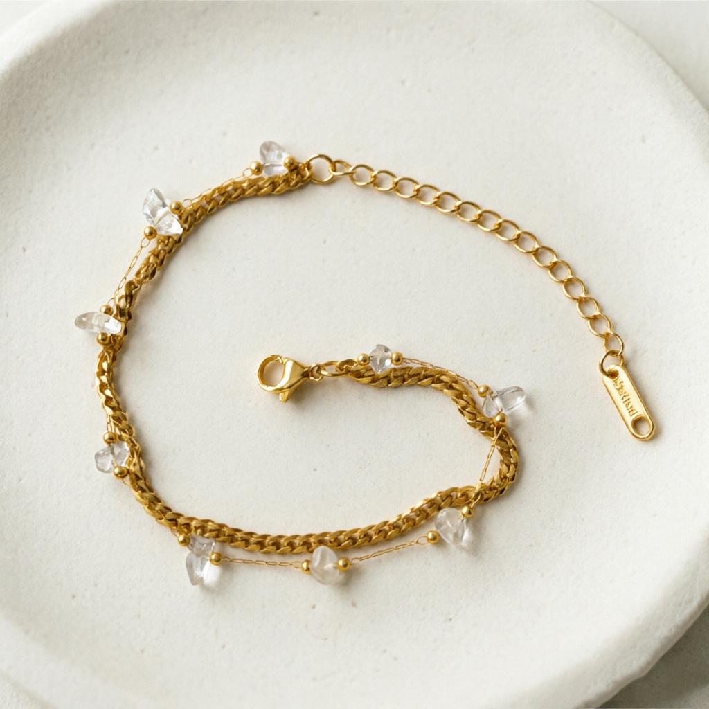 European Multi-layer 18K Gold-Plated Titanium Steel Bracelet with Star, Sun, and Heart Stone Tassels